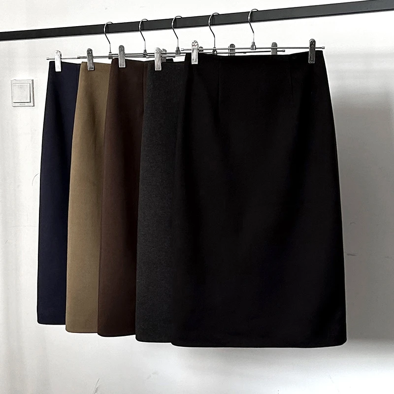 A字毛呢半身裙女秋冬2024新款高腰开叉中长款一步包臀直筒裙23203