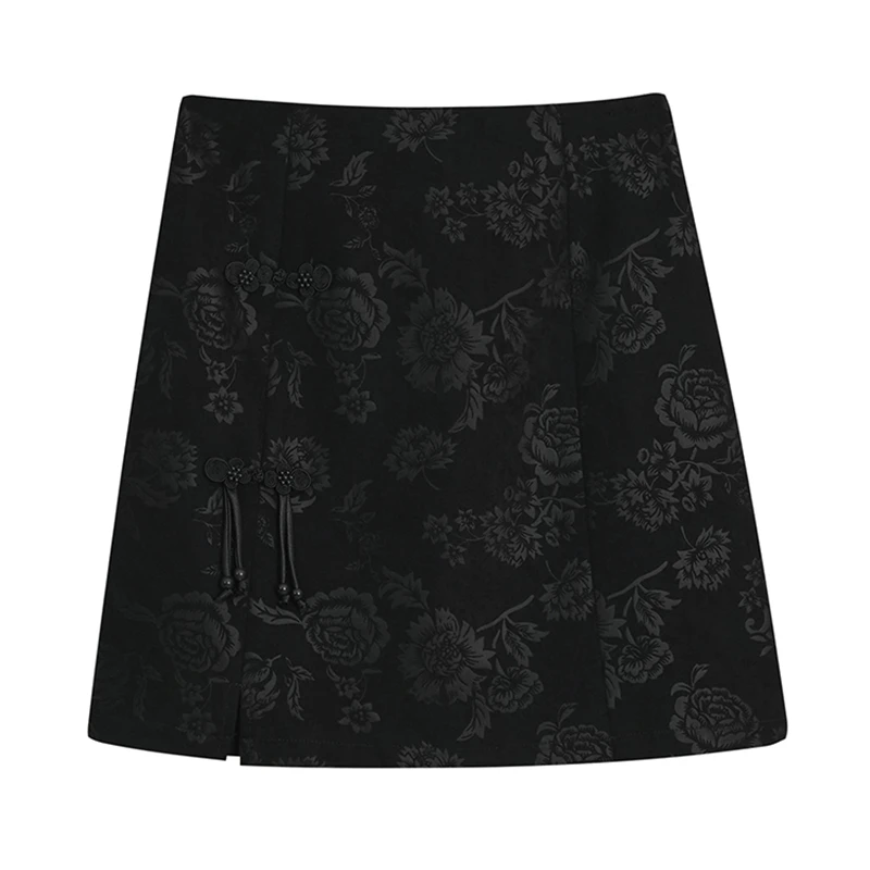 【新中式】设计感女装高腰小个子显瘦气质春夏秋新款黑色短裙23217