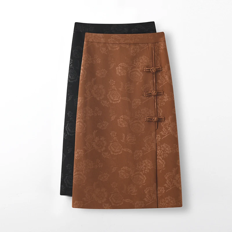 新中式裙子女款爆款2024新款复古时尚高腰显瘦百搭A字半身裙23211