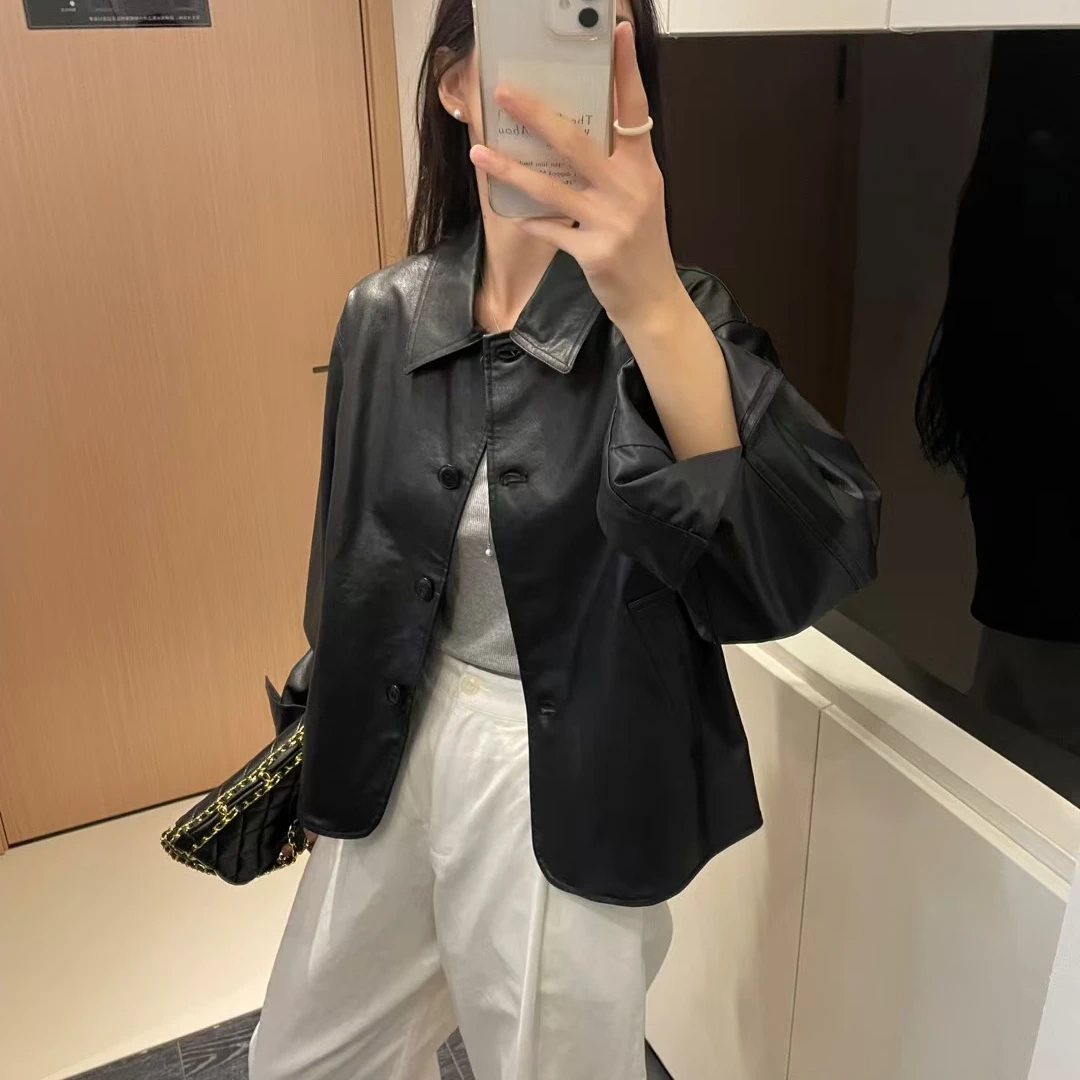 FUJIA STYLE新款气质休闲韩版简约纯色长袖翻领皮衣P83161