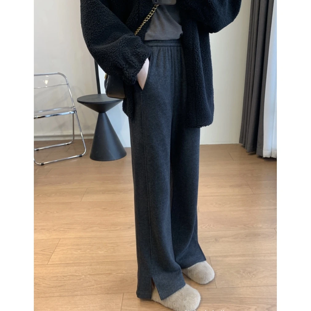 封神爱丽家简约人字纹侧缝开叉直筒拖地休闲裤KD995