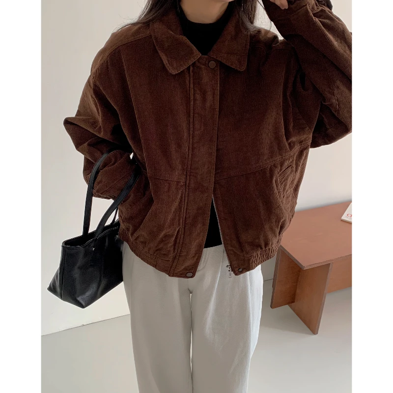 爱丽家纯色休闲翻领灯芯绒拉链气质外套83300