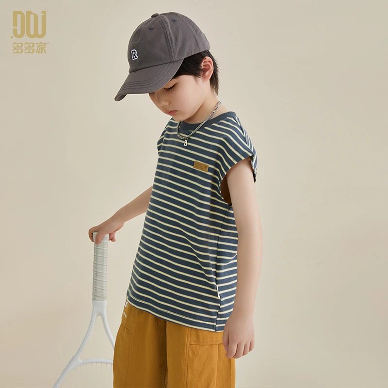 多多家6350【质感条纹.背心】前胸小皮标条纹背心儿童