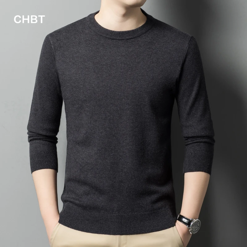 CHBT低圆领加厚男士毛衣秋冬季休闲针织打底衫爸爸装保暖套头毛衫
