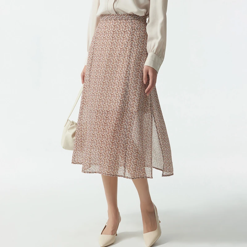 布景半身裙女夏商场同款碎花雪纺侧开叉过膝中长裙BW21QQ0260