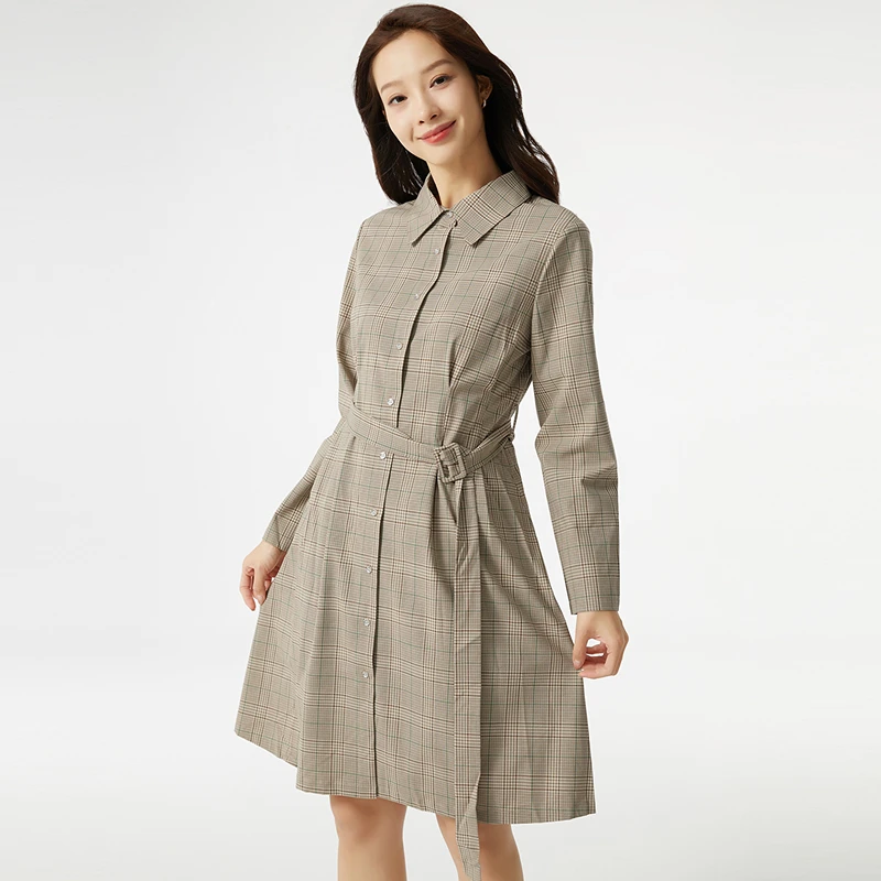布景连衣裙女冬季新品复古格纹收腰衬衫裙BW24LE1735
