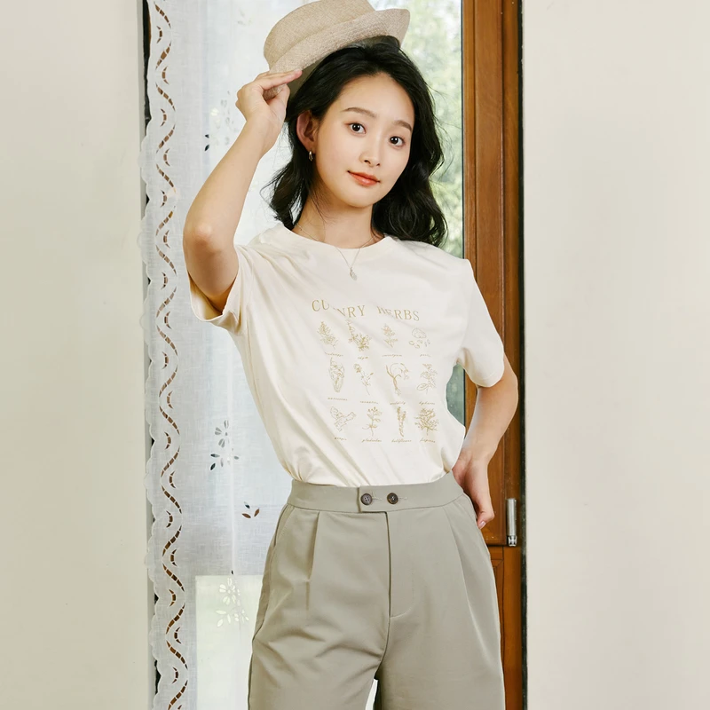 布景T恤女夏季新品圆领简约刺绣短袖套头衫BT22TY3106