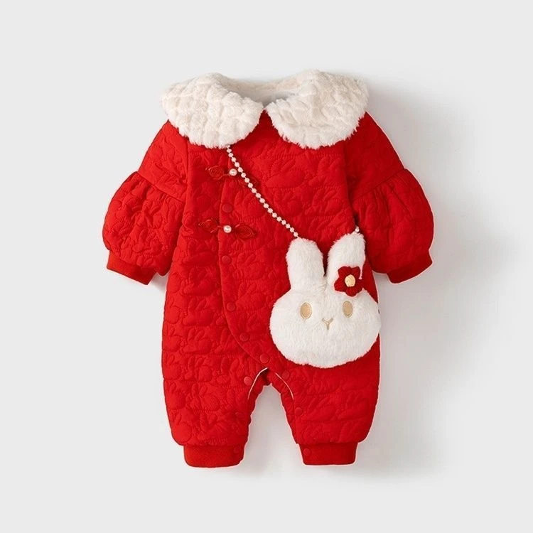 巴拉甄选秋冬款新生儿公主棉衣可爱萌喜庆中国红长袖加婴儿拜年服