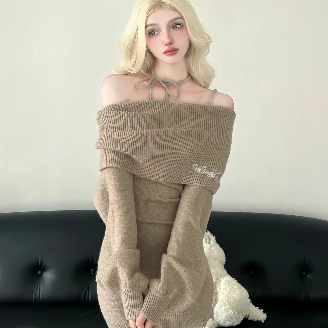 纯欲风抹胸一字针织毛衣连衣裙秋冬季新款2023辣妹设计感收腰短裙