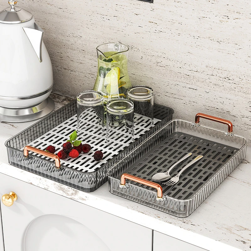 加厚托盘厨房沥水盘家用客厅双层茶盘长方形收纳盘水杯架沥水架子