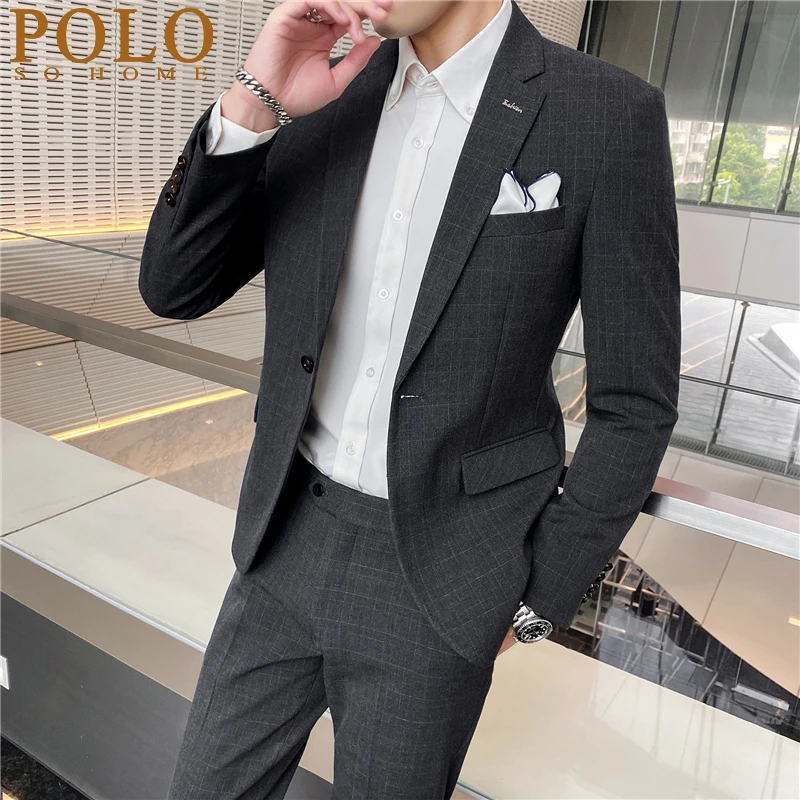 保罗休闲西装套装男士韩版修身西服潮流格子新郎结婚礼服商务正装