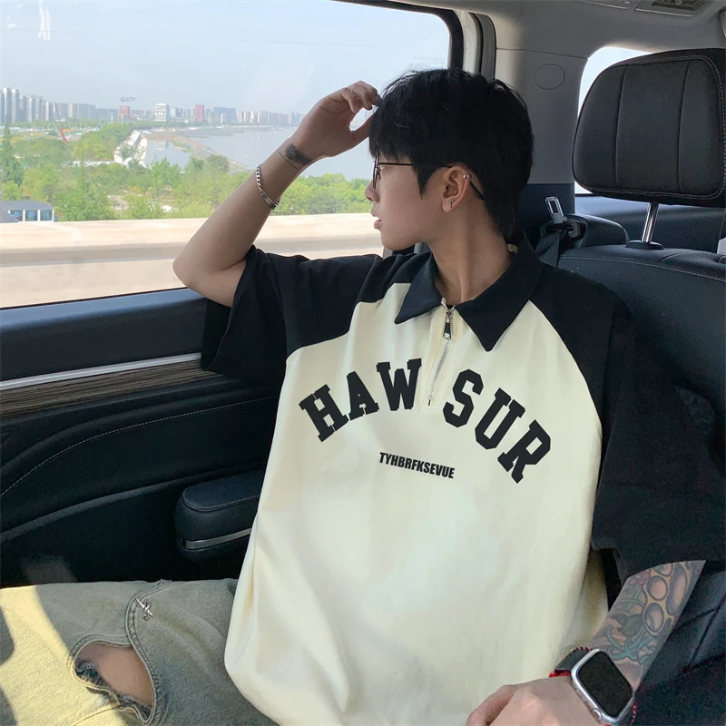 港风纯棉百搭拼接翻领短袖T恤男半拉链甜酷风宽松情侣polo衫潮牌