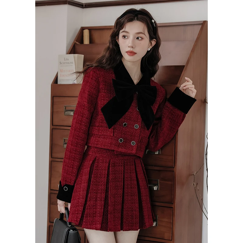 韩系高级感超好看气质上衣外套+百褶裙a字半身裙两件套女秋冬新款