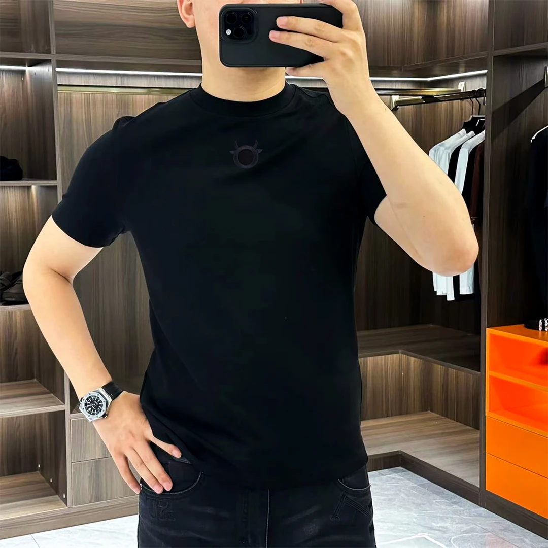 2025秋冬新款男士圆领修身短袖T恤打底纯色百搭时尚半袖轻奢男装