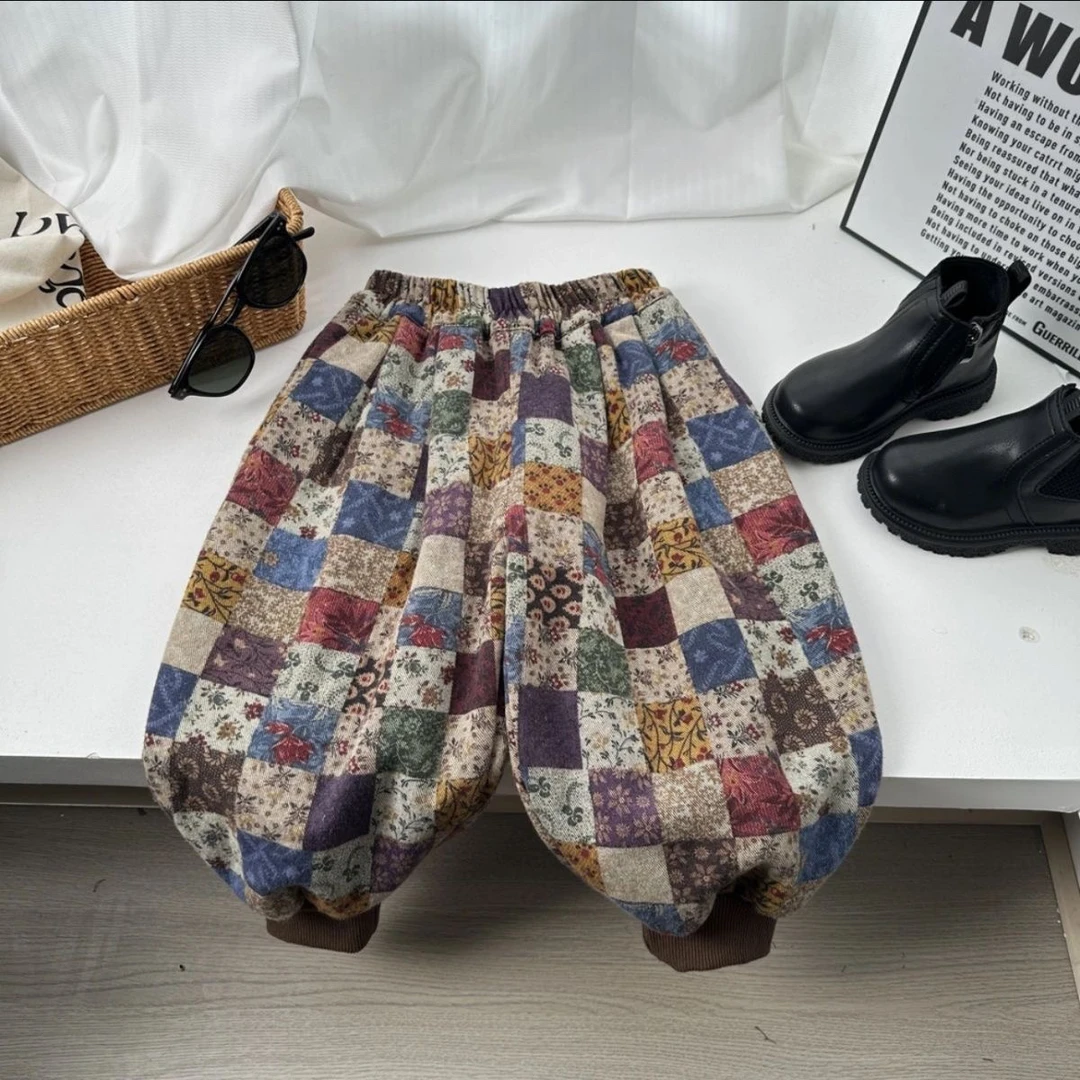 男女童宝宝春秋冬款时髦洋气格子束脚裤宽松休闲灯笼裤加绒厚a棉