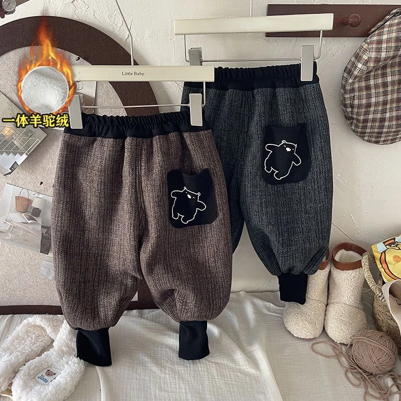 儿童秋冬季一体绒裤子2024新款韩版宽松男宝宝冬款加绒加厚卫裤潮