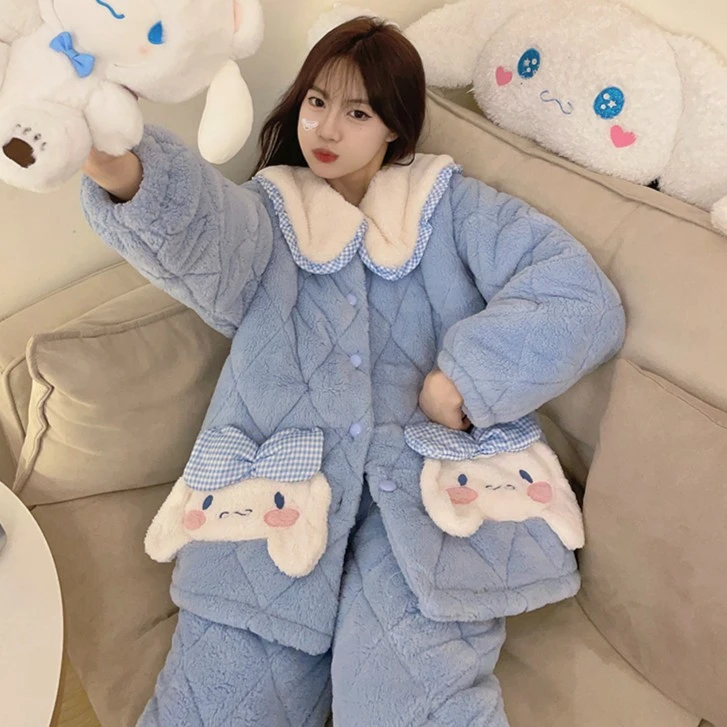 睡衣女秋冬加厚加绒保暖三层夹棉女士冬季珊瑚绒可外穿家居服套装