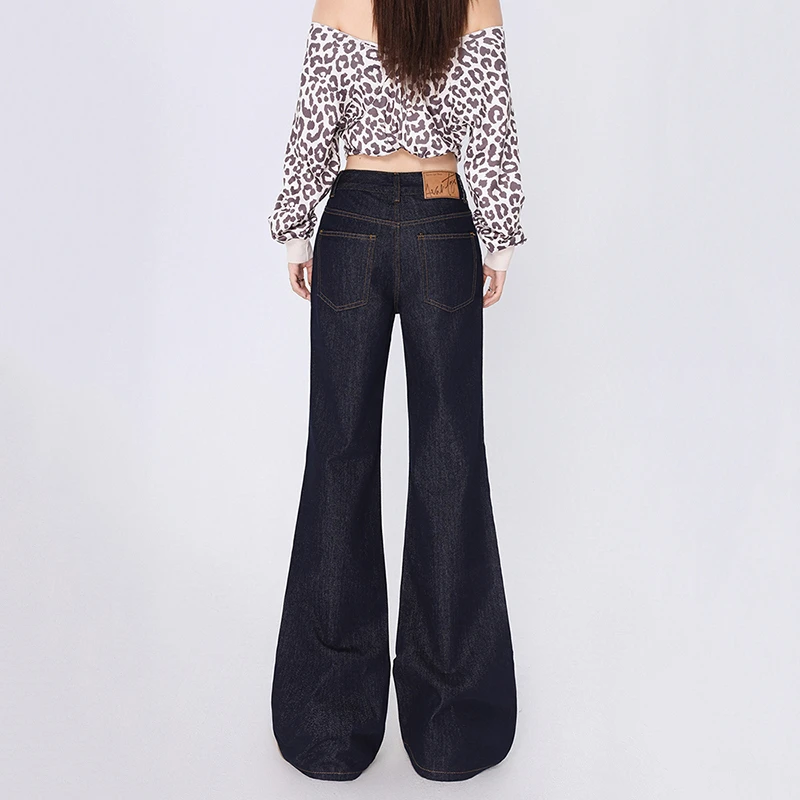 LL秋季新款中腰牛仔裤女深幽蓝色复古宽松显瘦马蹄裤