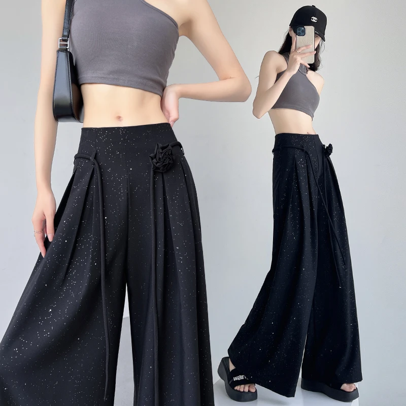 设计感绑带花朵西装阔腿裤女2025夏季薄款高级感垂感拖地休闲裤子