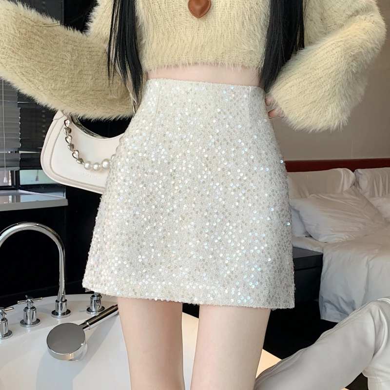 小香名媛风亮片毛呢半身裙子女2025秋冬新款高腰显瘦A字包臀短裙