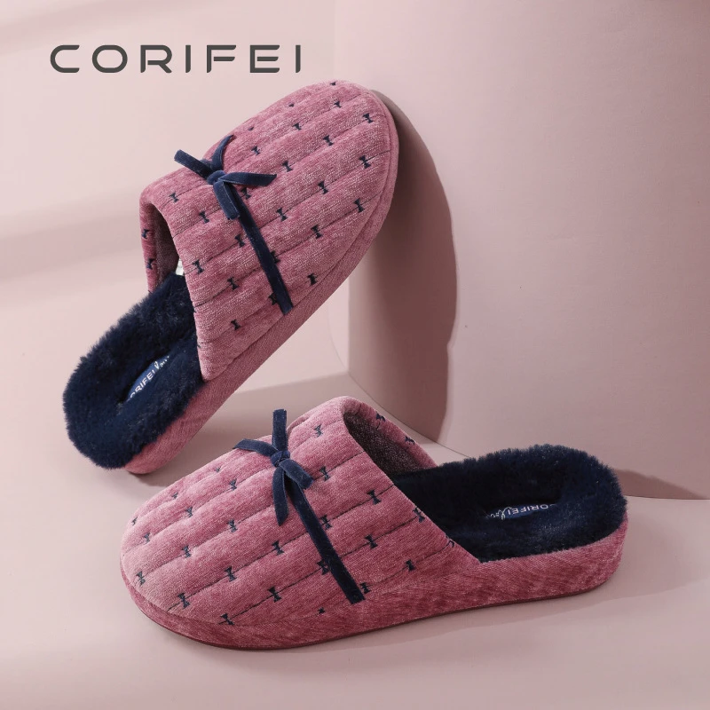 棉拖鞋女士轻奢风室内家居家用秋冬季防滑毛绒蝴蝶结厚底月子鞋