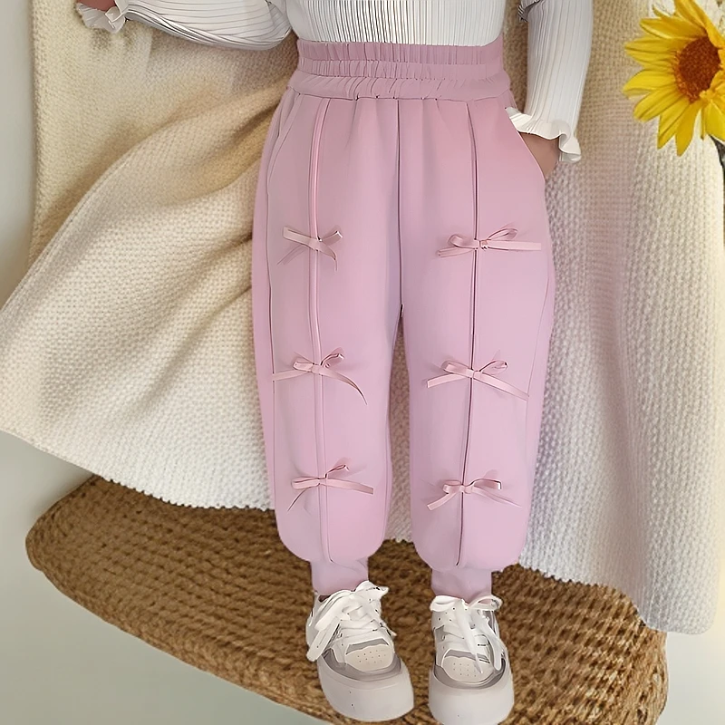 一体绒奥利绒秋冬洋气百搭立体蝴蝶结保暖裤宽松休闲裤女童穿棉