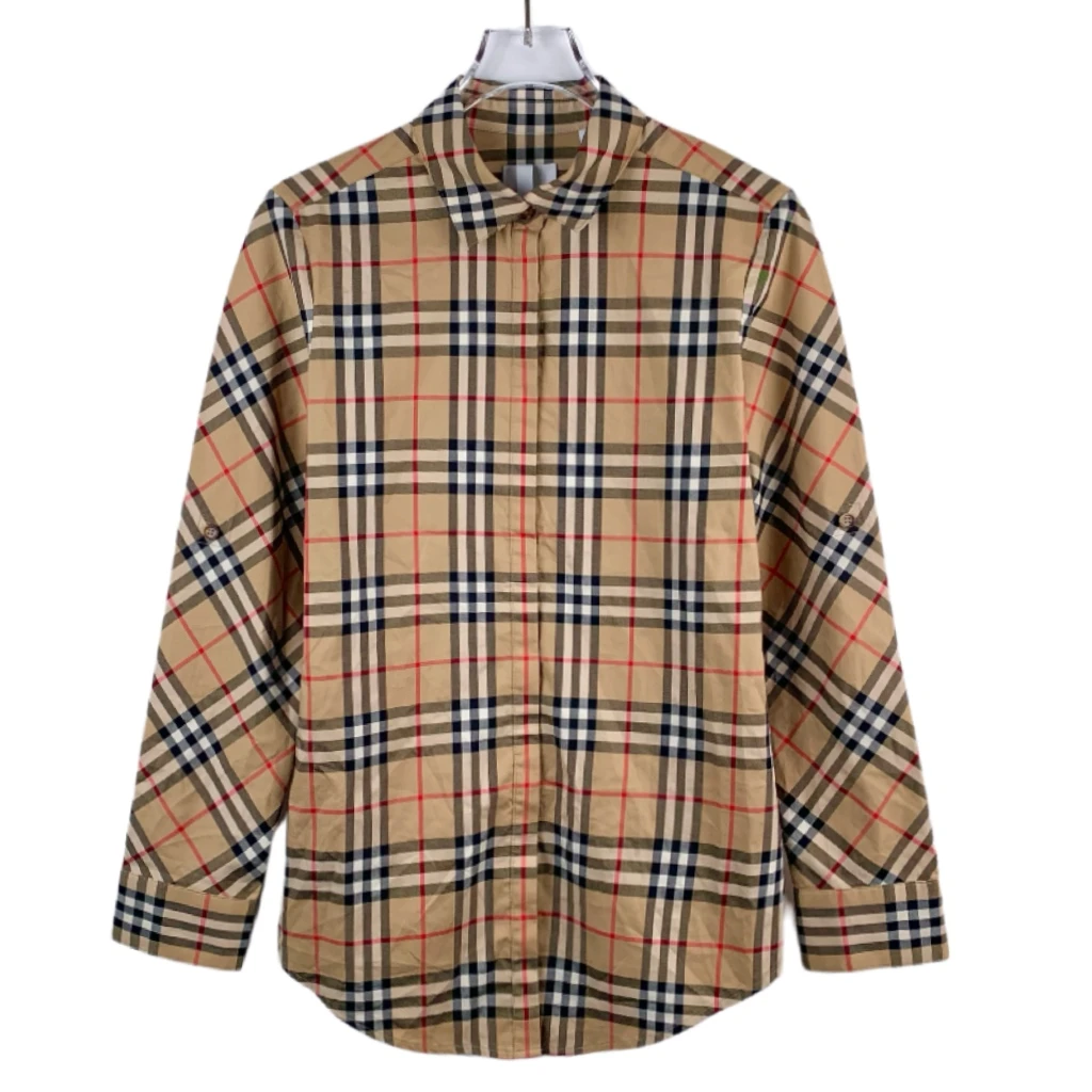 99新 XH 011236 4K Burberry 博柏利 格纹翻领棕色棉质衬衫 38码