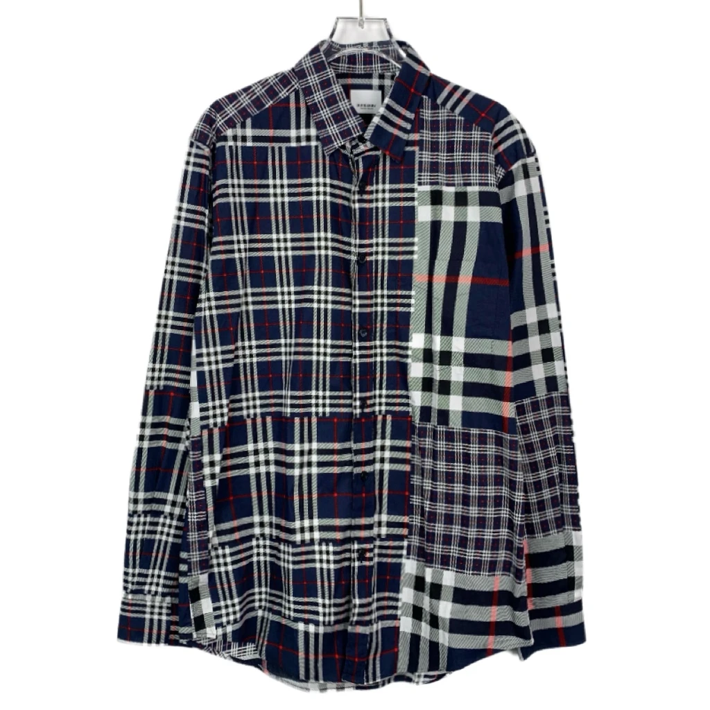 99新 009951 Burberry 博柏利裁剪拼接翻领蓝色格纹棉质衬衫 M码
