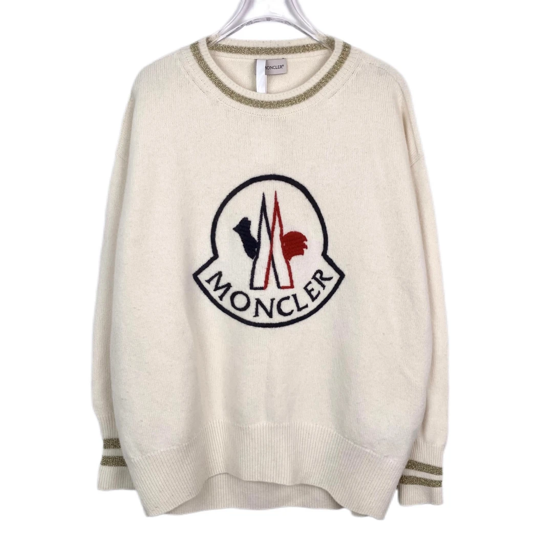 95新 010563 Moncler 蒙口 logo图案圆领米白色长袖针织毛衣 XS码