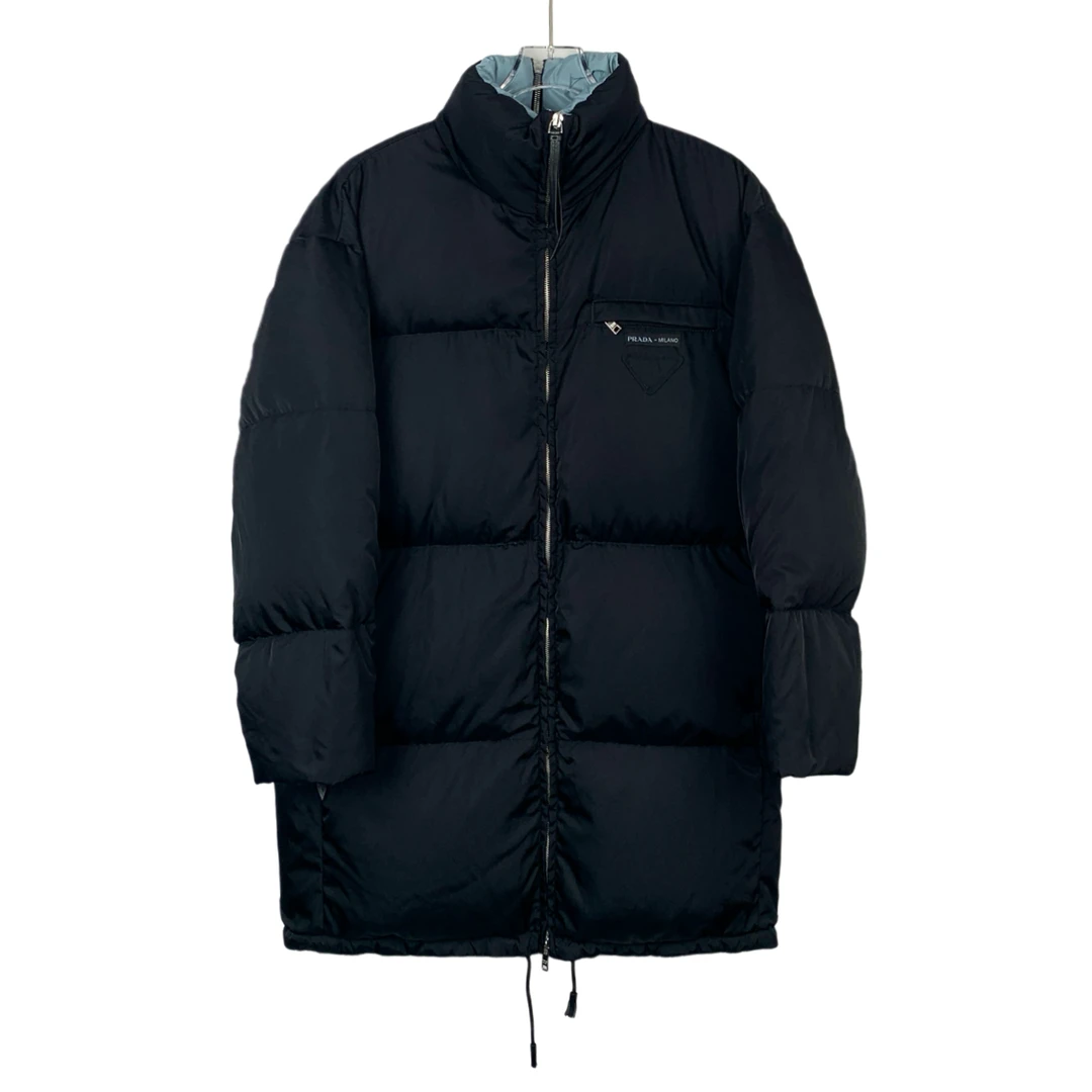 H9622 Prada 普拉达 黑色三角标中长款羽绒服拉链外套 40 M码