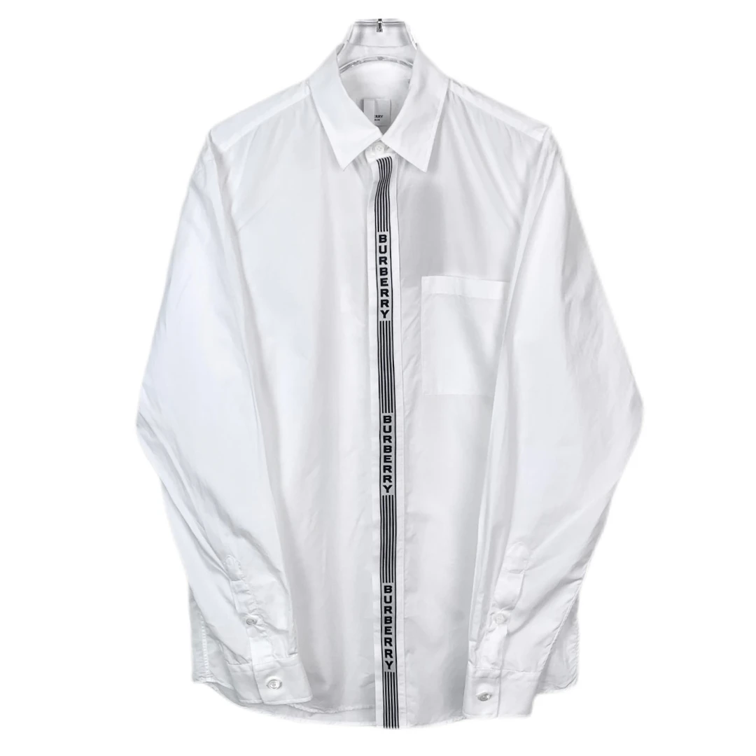 99新 HM 011414 Burberry 博柏利 条纹装饰白色翻领长袖衬衫 S码