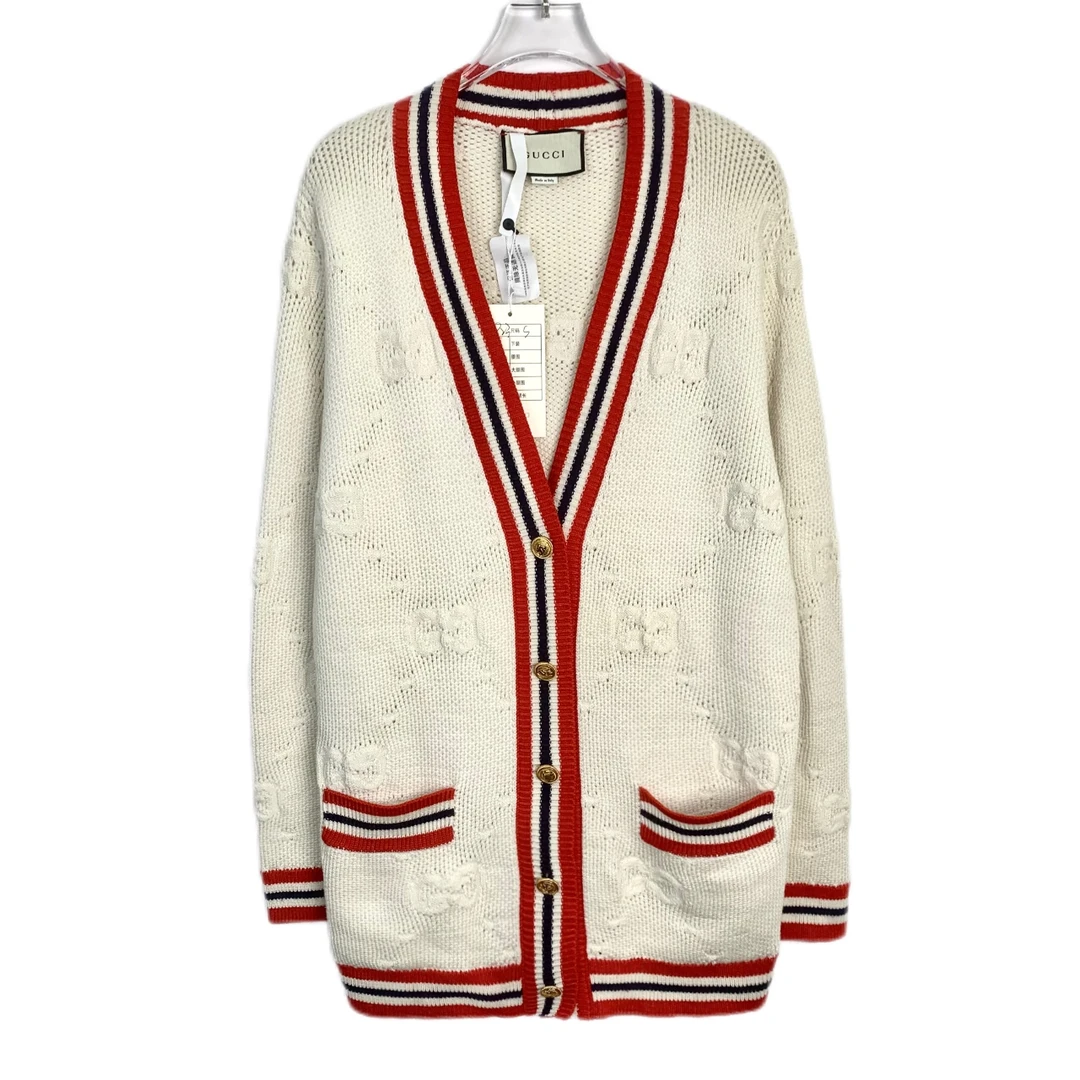 99新 008923 Gucci 古驰 logo嵌花米白色V领针织开衫外套 S码