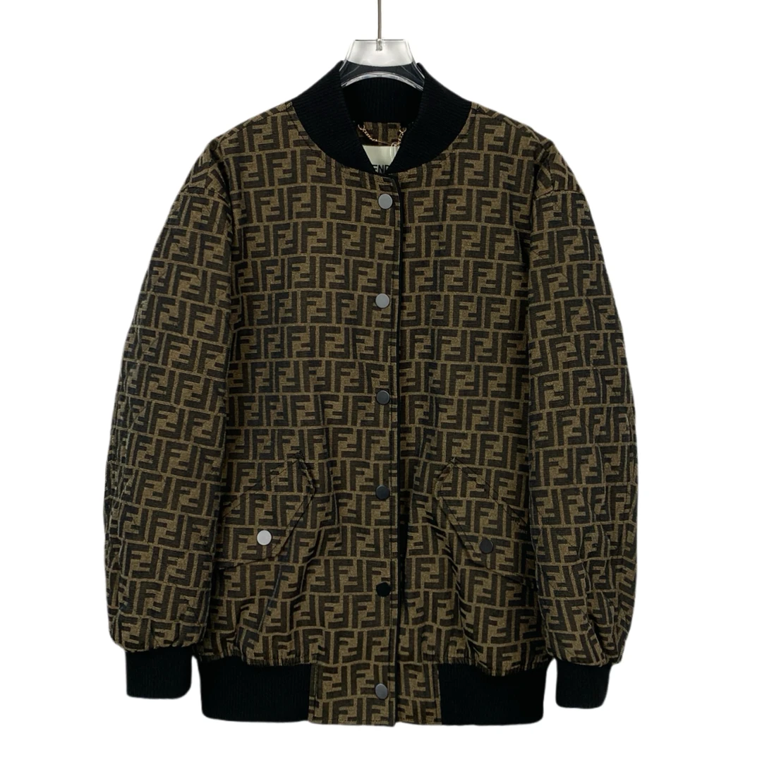 带吊牌 X9133 Fendi芬迪棕色老花满印logo刺绣棒球服夹克38码S码
