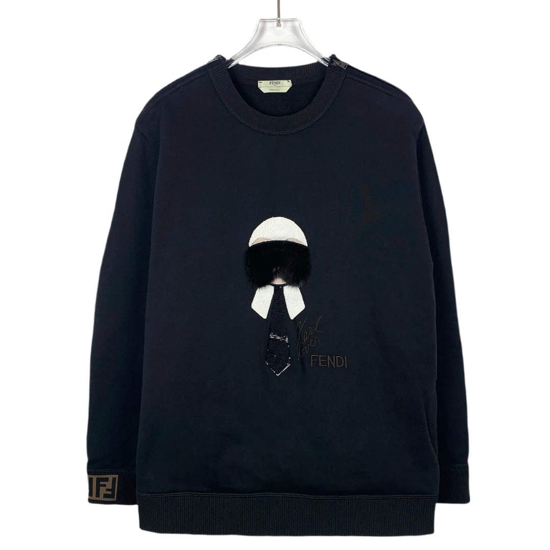 99新 016961 Fendi 芬迪 logo刺绣老佛爷圆领黑色棉质卫衣  L码