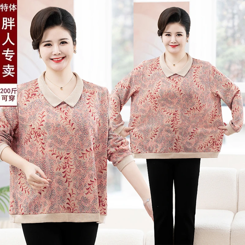 春装印花衬衣特体大码200斤中老年胖洋气长袖打底衫遮肚t恤女上衣