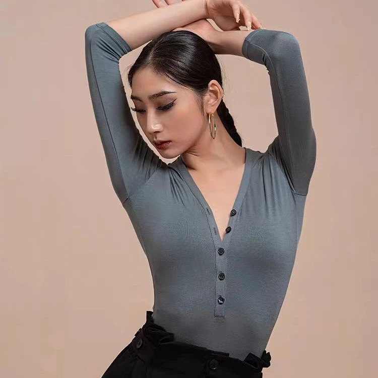 瑜伽服长袖T恤女辣妹性感V领拉丁舞蹈练功服连体衣训练健身上衣