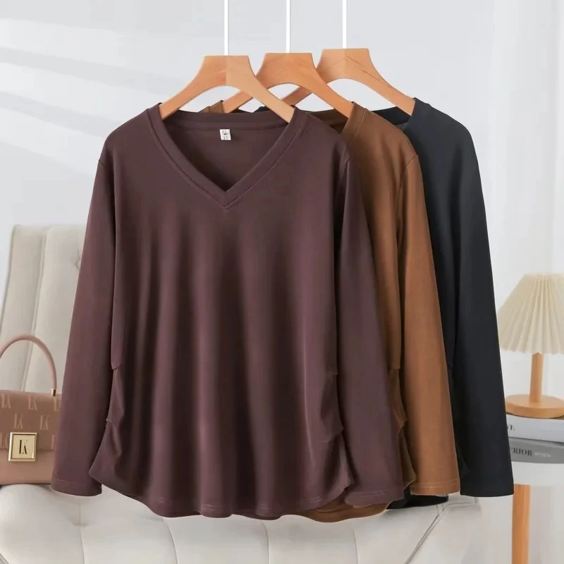 110-210斤大码女装胖mm妈妈设计感宽松显瘦上衣V领百搭休闲打底衫