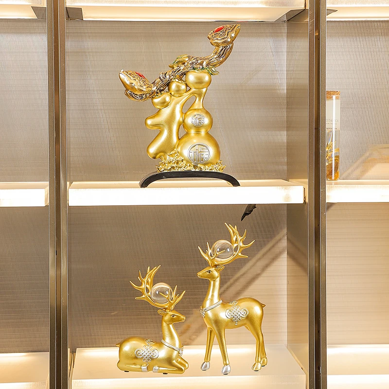 高档新中式福鹿三件套鹿金色鹿创意家居饰品电视柜酒柜茶几玄关