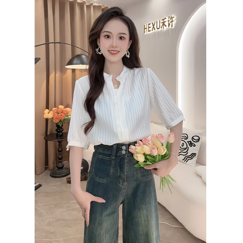 法式轻熟风条纹宽松短款衬衫女2024夏季新款拼接设计感上衣