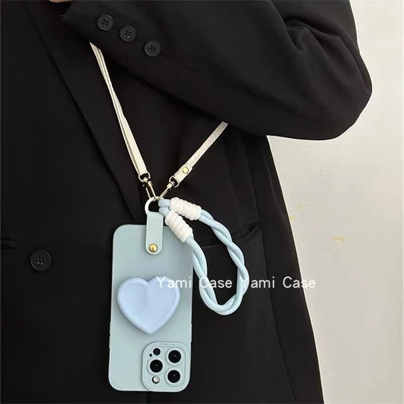 ins奶蓝爱心支架iPhone15promax手机壳带挂绳苹果13斜挎11软12女x