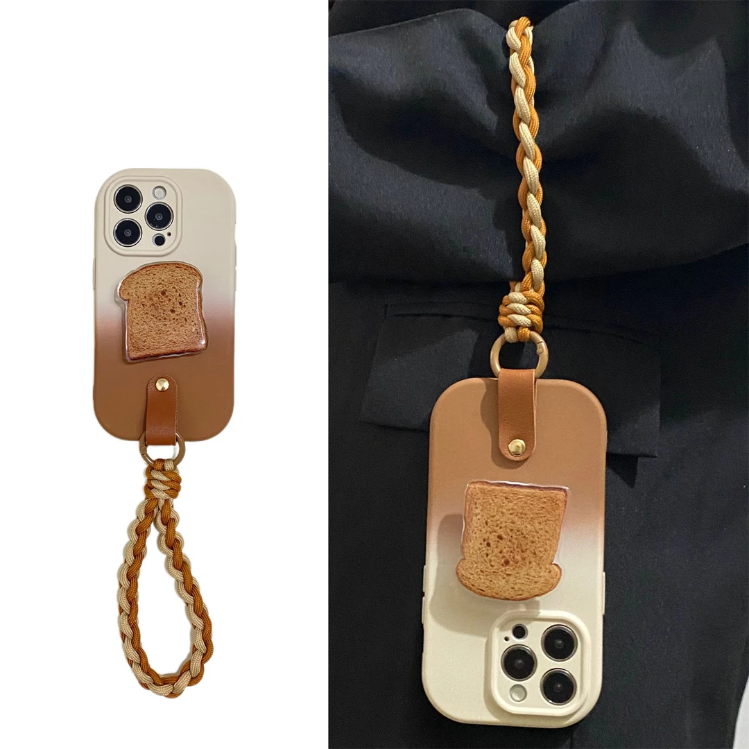 奶油焦糖面包支架适用iPhone14promax手机壳带挂绳苹果15软11女13