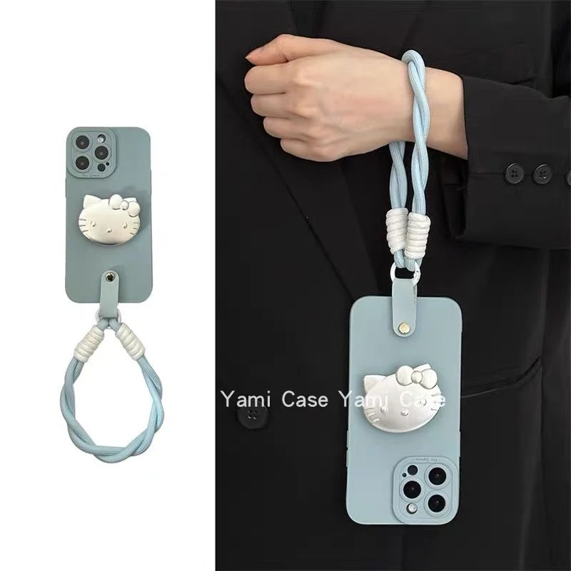 ins雾霾蓝金属银KT猫咪支架iPhone15promax手机壳苹果13挂绳11软7