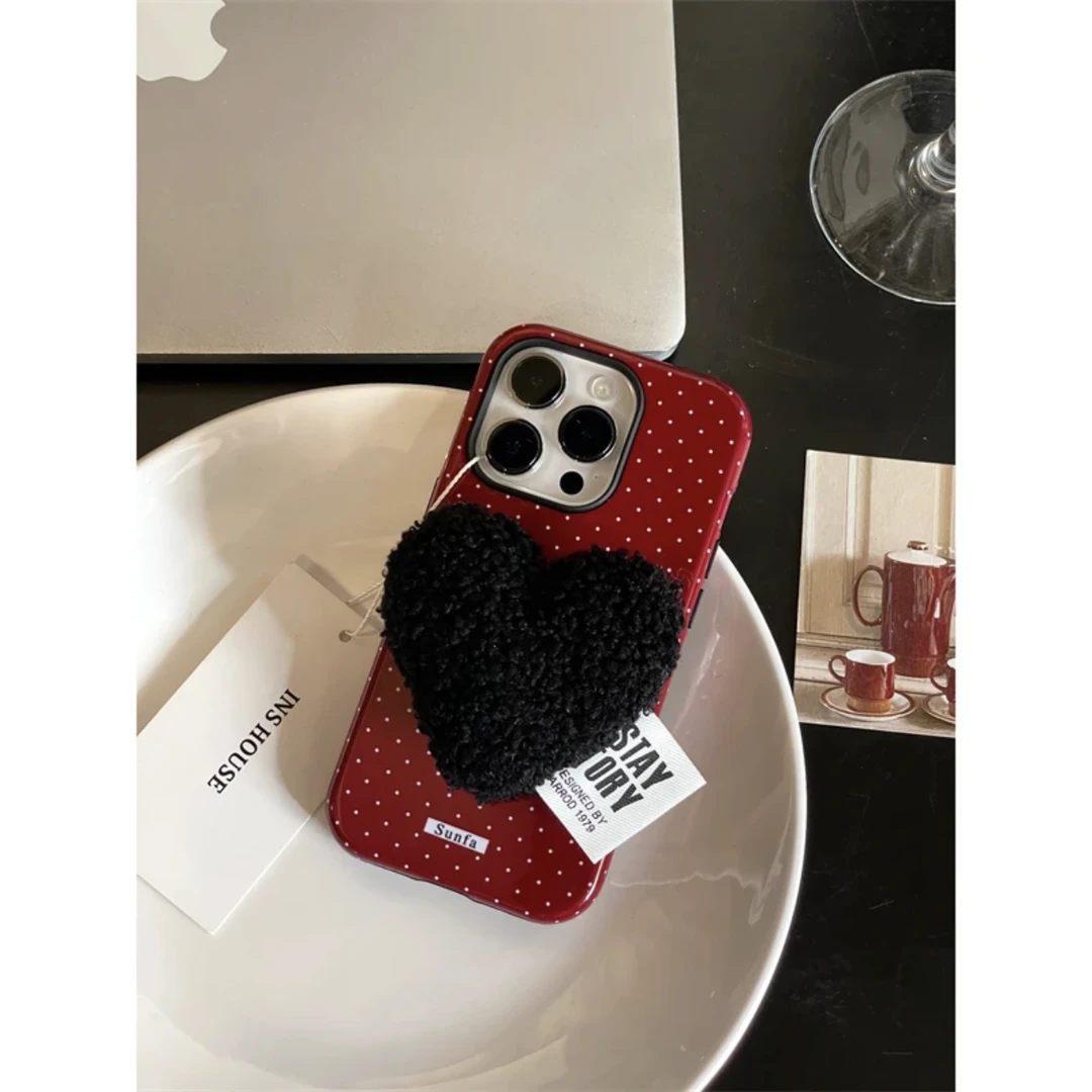 酒红波点毛绒爱心支架适用15手机壳iPhone14新款苹果13promax女12