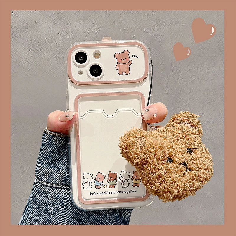 可爱卡通小熊卡包苹果15手机壳iPhone14promax13卡槽插卡12/11女