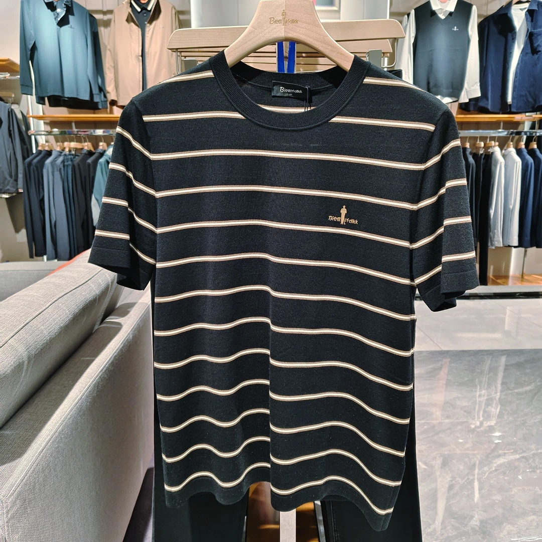 【澳洲羊毛】比音勒芬2024秋季新款男士针织衫休闲圆领短袖毛衫