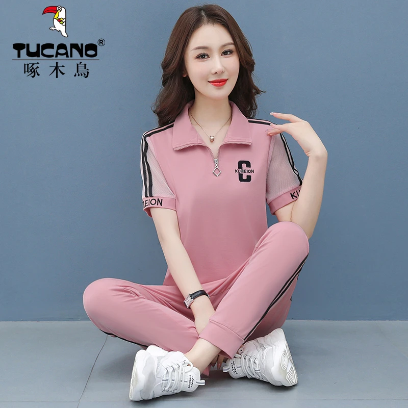 冰丝运动服套装女夏季2023年新款妈妈夏天时尚休闲女装短袖两件套