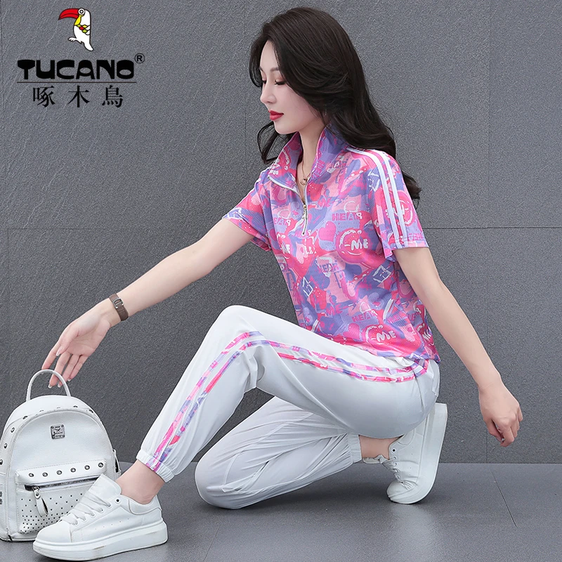 冰丝运动套装女夏季中年妈妈洋气薄款休闲宽松大码速干短袖两件套