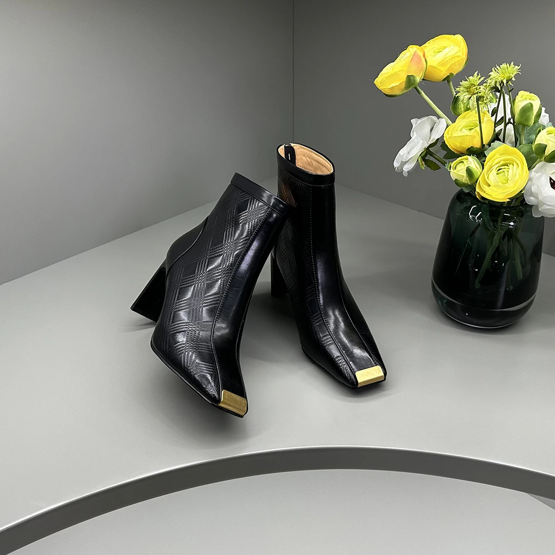 KFY【6cm】2023新款冬季方头绒里真皮手工女鞋粗跟短靴女X089黑