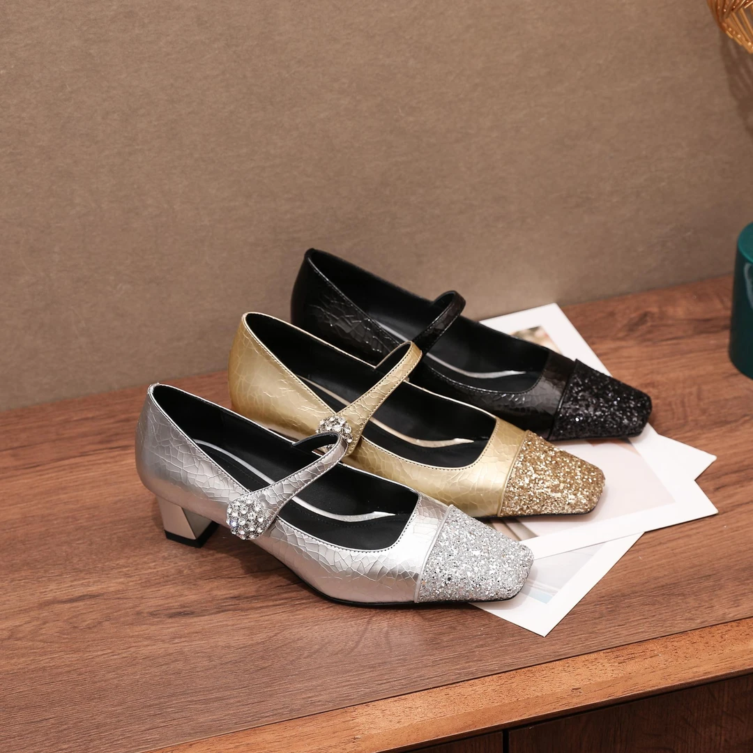 KFY4cm2024夏新款真皮包头时尚潮流懒人方头轻奢透气高跟女鞋D359