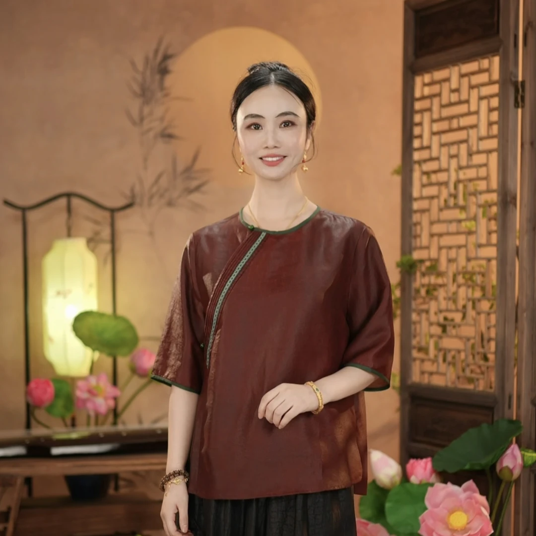 【东方婵韵】国风中式气质百搭圆领中袖上衣 DFCY25201